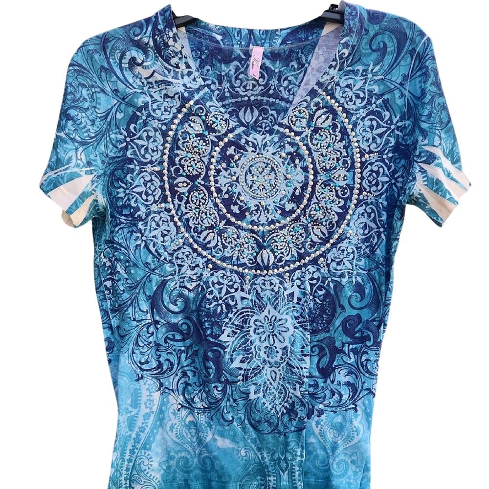 Kiara Size MediumTeal and Navy Patterned Bead Embellished Short Sleeve Top
